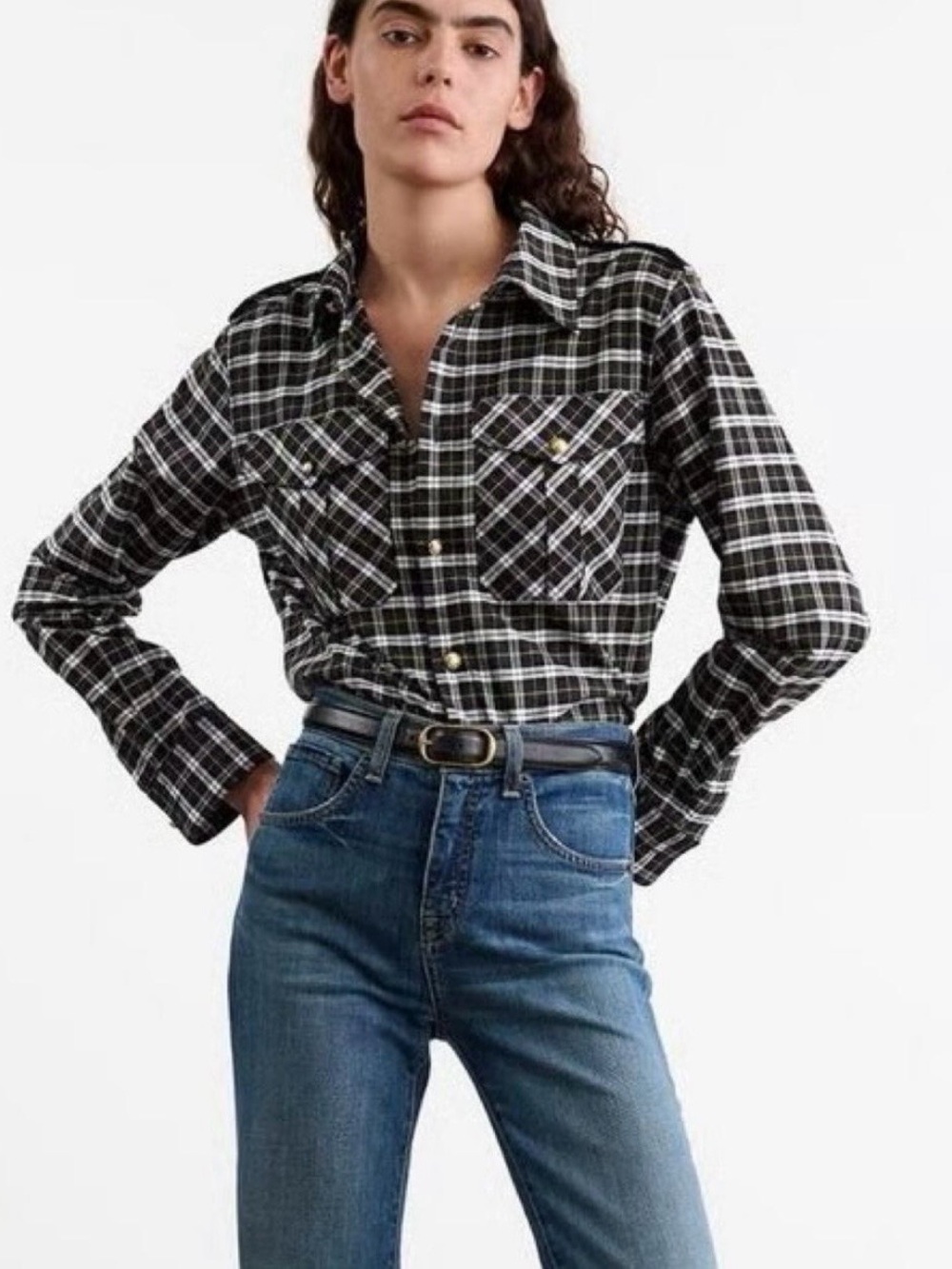 Nili Lotan Black Plaid Military Shirt NWOT XS Gold Buttons 100% Cotton Size XS